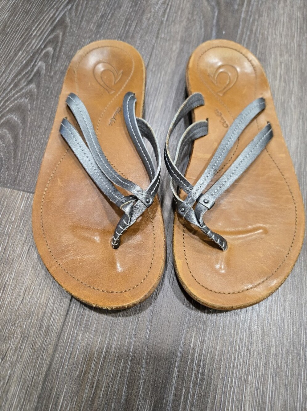OluKai Leather Toe-Post Sandals in Tan and Gray